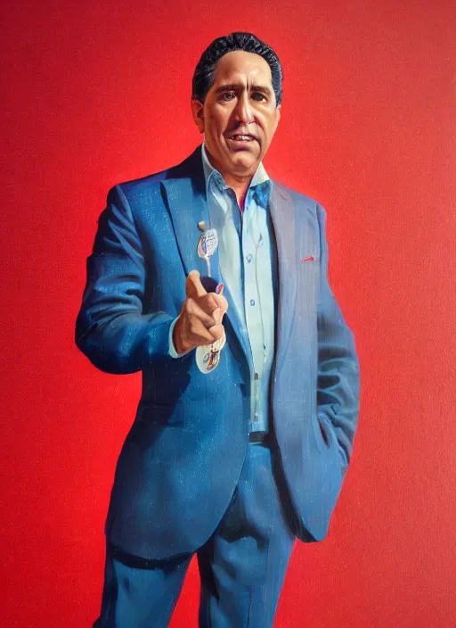 Prompt: ( ( ( hyperrealist portrait of oscar nunez as oscar martinez ) ) ) by mike campau, head and torso, red background photorealistic, octane render, vibrant colors, unreal engine, dynamic lighting, perfect factions, very detailed faces, intricate detail, trending on artstation, poster, volumetric lighting, 4 k, award winning