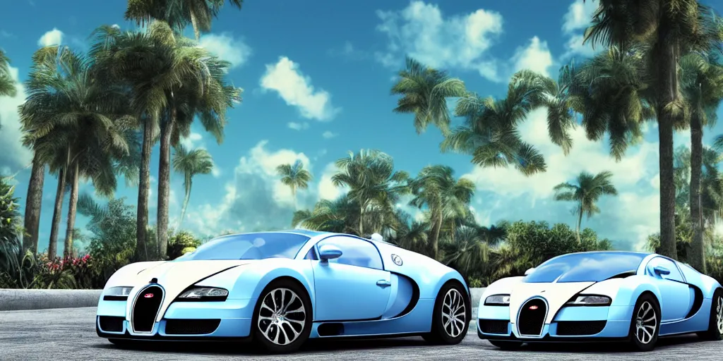 Prompt: bugatti veyron, 3 d primitive rendering, palm trees, 8 0 s vaporwave