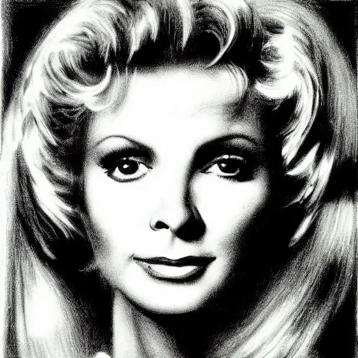 Image similar to Olivia Newton-John as Sandy from Grease (1978), smiling, pencil drawing. El Greco, Remedios Varo, Salvador Dali, Carl Gustav Carus, John Atkinson Grimshaw. Blue tint. Symetrical, logo, geometric shapes.