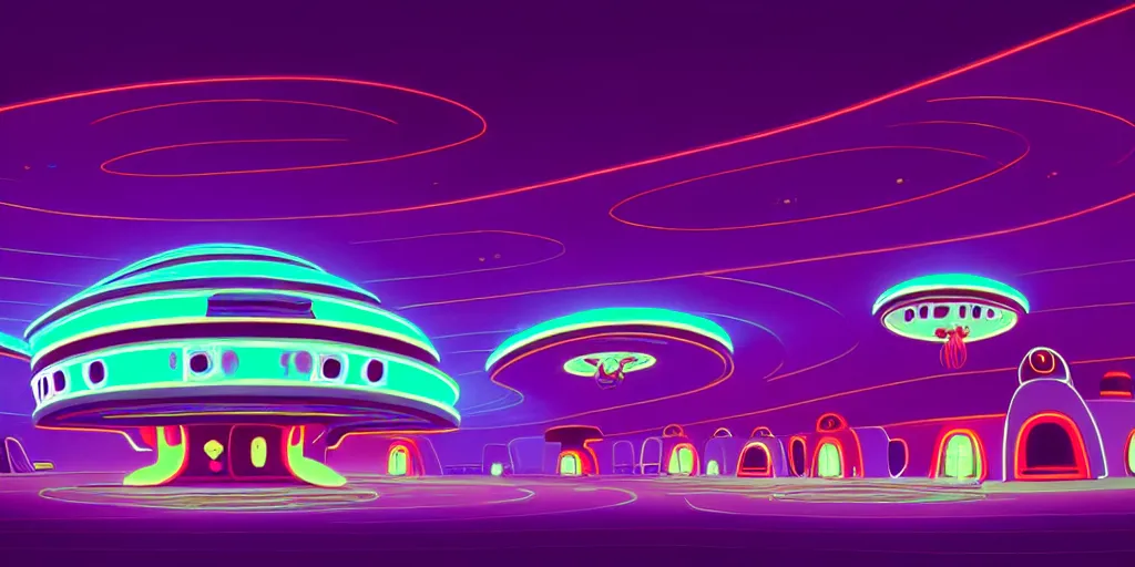 Image similar to minimalistic extreme wide angle curved perspective digital art of alien shaped indoor casino with roulettes in the roof, by anton fadeev from nightmare before christmas