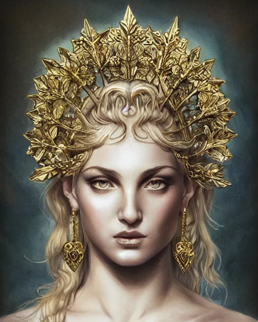 Image similar to front view of beautiful aphrodite greek goddess wearing a gold laurel wreath and triangle earrings, realism tattoo sketch, beautiful piercing eyes with sharp pupils, beautiful blonde hair, in the style of greg rutkowski, fantasy, amazing detail, epic, elegant, smooth, sharp focus