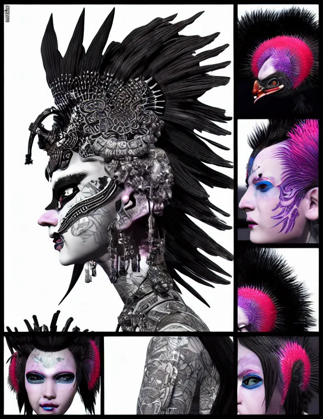 Image similar to 3 d goddess close - up profile portrait punk with mohawk with ram skull. beautiful intricately detailed japanese crow kitsune mask and clasical japanese kimono. betta fish, jellyfish phoenix, bio luminescent, plasma, ice, water, wind, creature, artwork by tooth wu and wlop and beeple and greg rutkowski