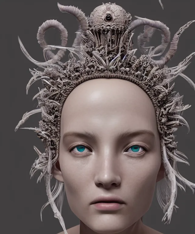 Image similar to symmetrical, centered, goddess close-up portrait wigh crown made of skulls. betta fish, phoenix, bioluminiscent creature, intricate artwork by Tooth Wu and wlop and beeple. octane render, trending on artstation, greg rutkowski very coherent symmetrical artwork. cinematic, hyper realism, high detail, octane render, 8k