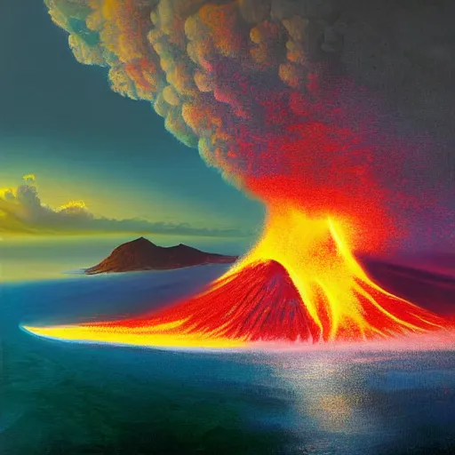 Prompt: Detailed painting and digital dynamic painting of krakatoa eruption in indonesia and tsunami by Pascal Blanché and James Gurney, vibrant and vivid, smooth, soft, high contrast, HDR, 4k, stars, octane, hyperrealistic