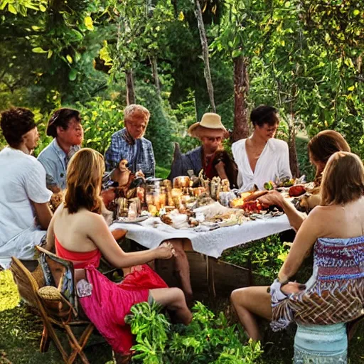 Image similar to a bohemian group of people performing rich meal by candlelight on the veranda among the greenery in summer