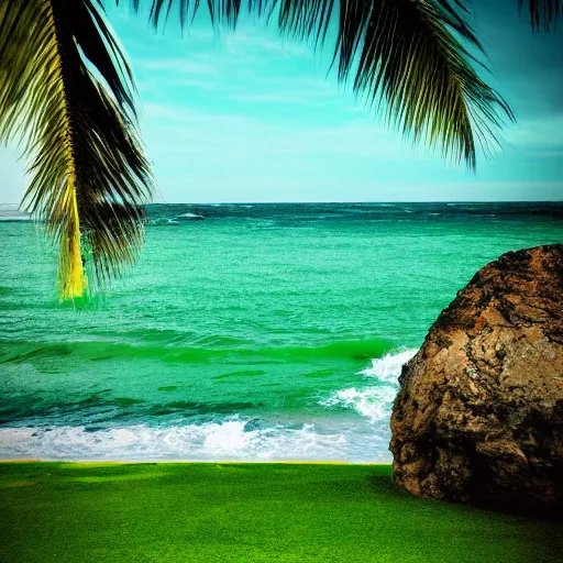 Image similar to green green green beach, green ocean, green sky, photography