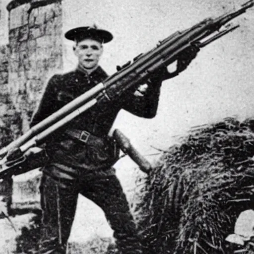 Image similar to old wartime photograph of elon musk holding a lewis gun, 1 9 1 7