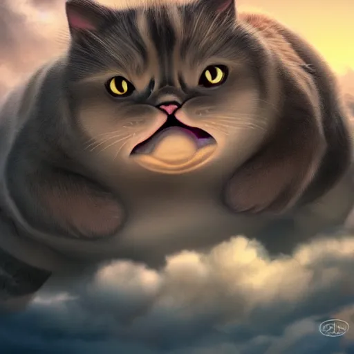 Prompt: a beautiful fat lady cat creature is feeling very very hungry. close - up, beautiful sky, volumetric lighting, sharp focus, ultra detailed, cgsociety - w 1 0 2 4 - n 8 - i