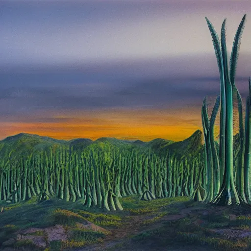 Prompt: concept art of dramatic landscape with giant asparagus at dusk