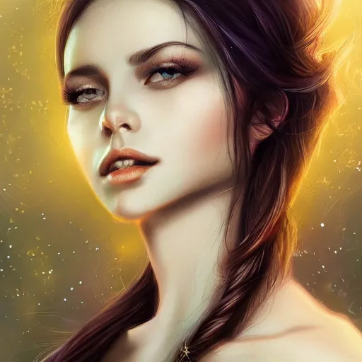 Prompt: beautiful portrait of a woman, magic beautiful scenery, detailed digital art trending on artstation