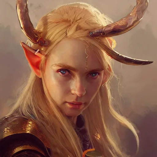 Image similar to A head-on detailed oil portrait of a distinguished elf woman with small cuflhcopper horns, long blonde hair and bright irises, by greg rutkowski, trending on artstation, dungeon and dragons art