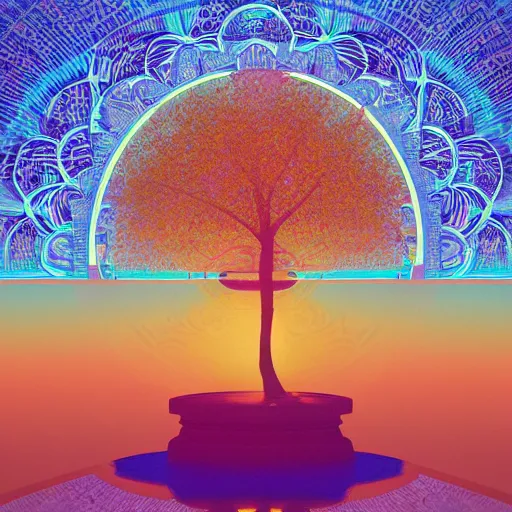 Image similar to The Bodhi Tree at Sunset, beautiful art with volumetric lighting, by Alphonse Mucha, beeple, Pi-Slices and Kidmograph