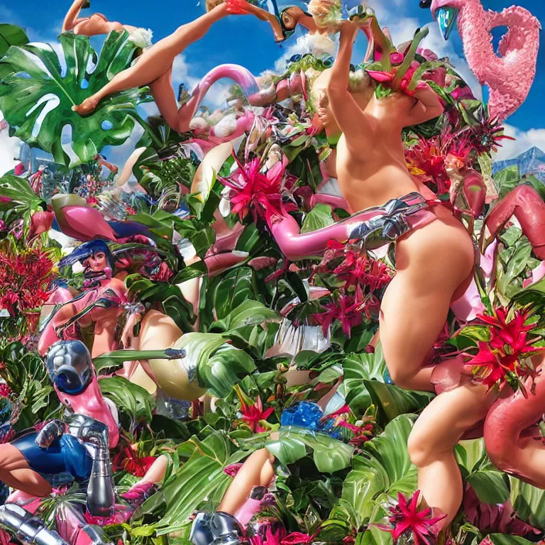 Image similar to an extreme close - up of a statue chrome cyborg lycra nymph battling a giant inflatable flamingo pool float, christmas cactus arnold schwarzenegger and monstera plants, fireworks thick smoke epic clouds, by jeff koons, hajime soryama, boris vallejo, artgerm, greg rutkowski, alphonse mucha