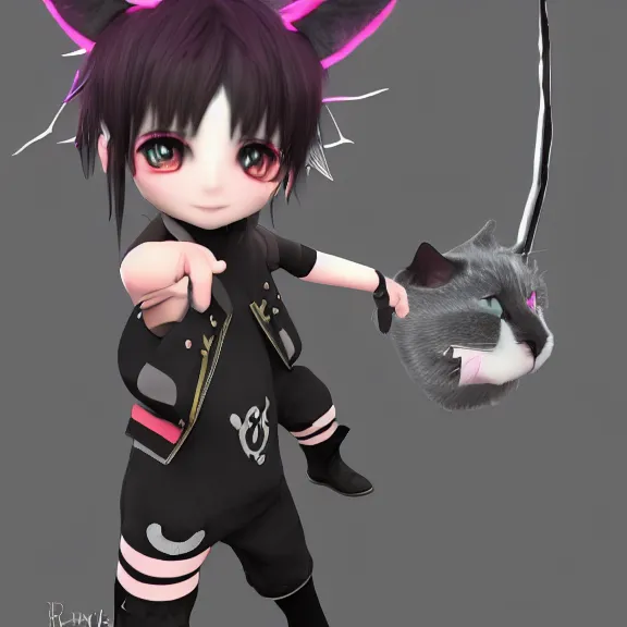 Image similar to 3D render of a cute emo anime boy with cat ears and tail, fantasy artwork, fluffy, close-up, award winning, hyper detailed, very very very beautiful, studio lighting, artstation, unreal engine, unreal 5, 4k, octane renderer