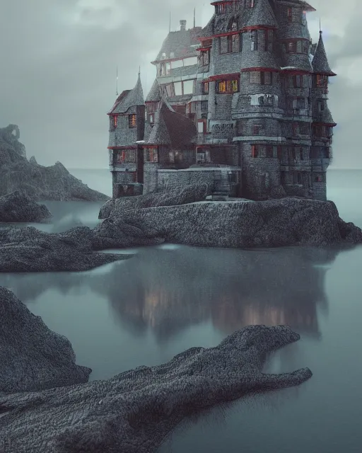 Image similar to a castle on an island. Dark stormy sea. intricate artwork by Tooth Wu and wlop and beeple. octane render, hyper realism, 8k