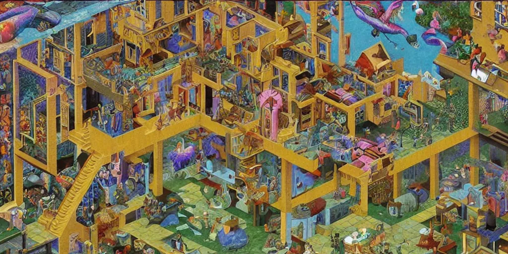 Prompt: the last virtual art museum in a 9 0's video game, made in 1 9 9 0, in the style of mc escher and heironymus bosch, colorful intricate masterpiece, hyper detailed