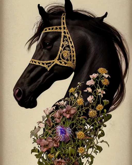 Prompt: side portrait of the horse of iridescent decay, uniquely beautiful animal, with flowers and plants, emotionally evoking symbolic metaphors, in focus, heavily gothic ornamental, intricate, elegant, highly detailed photorealistic digital painting, artstation, concept art, painterly, golden ratio, sharp focus, illustration, art by greg rutkowski and alphonse mucha,