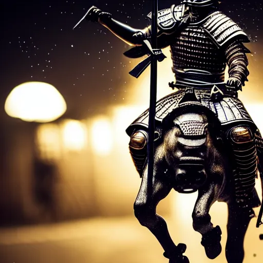 Image similar to close up macro shot of a roman general riding a horse fighting a samurai with swords on wet tokyo street at night, intricate, hyper detailed, smooth, dramatic lighting, cinematic