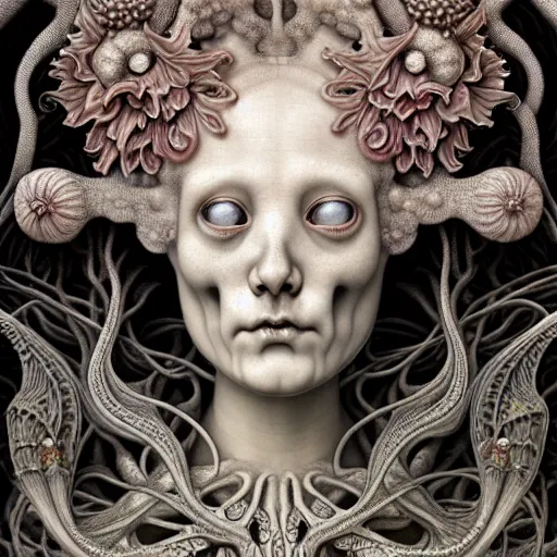 Image similar to detailed realistic beautiful porcelain calaveras goddess portrait by jean delville, gustave dore, iris van herpen and marco mazzoni, art forms of nature by ernst haeckel, art nouveau, symbolist, visionary, gothic, neo - gothic, pre - raphaelite, fractal lace, intricate alien botanical biodiversity, surreality, hyperdetailed ultrasharp octane render