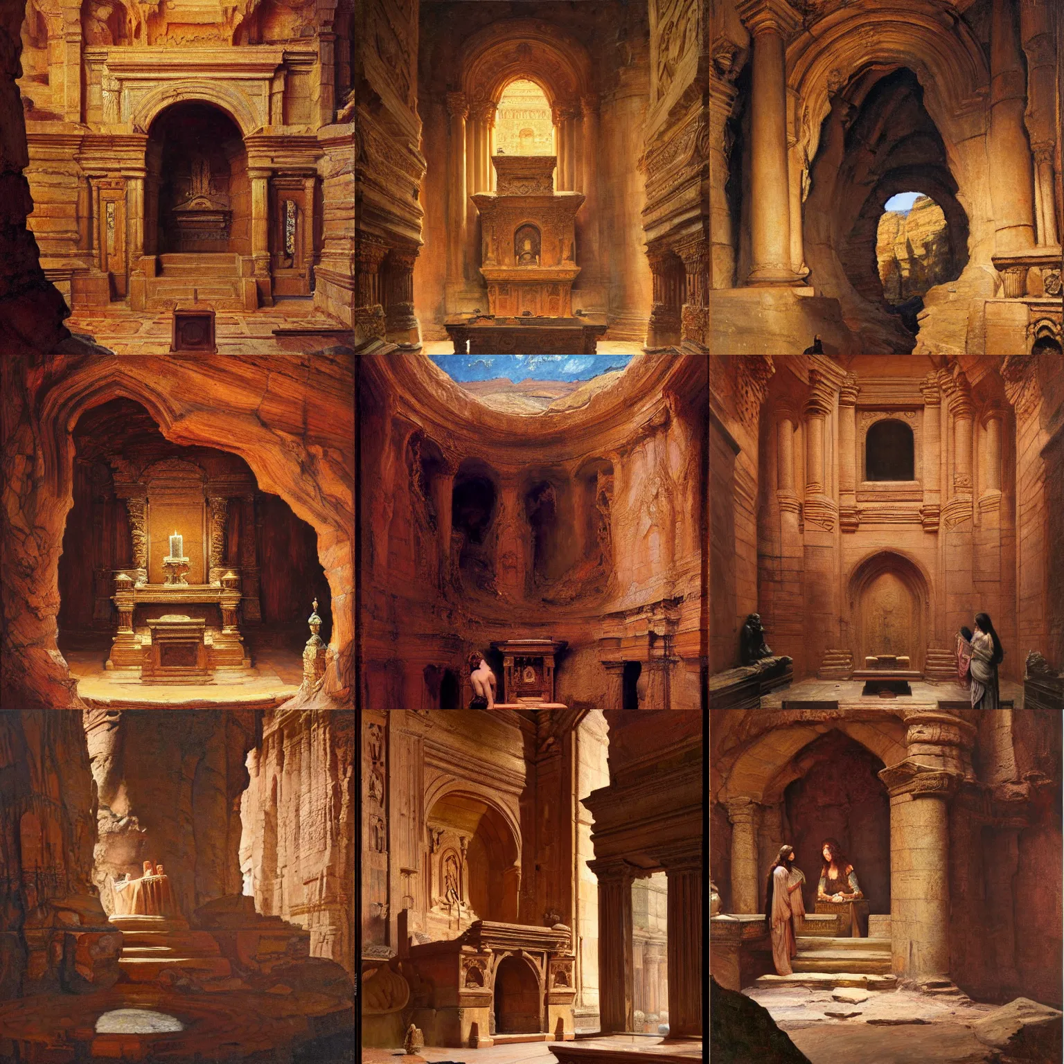 Prompt: sandstone chamber with altar intricate painting by john william waterhouse and Edwin Longsden Long and Theodore Ralli and Nasreddine Dinet, oil on canvas. Cinematic, hyper realism, dramatic lighting, high detail 8k