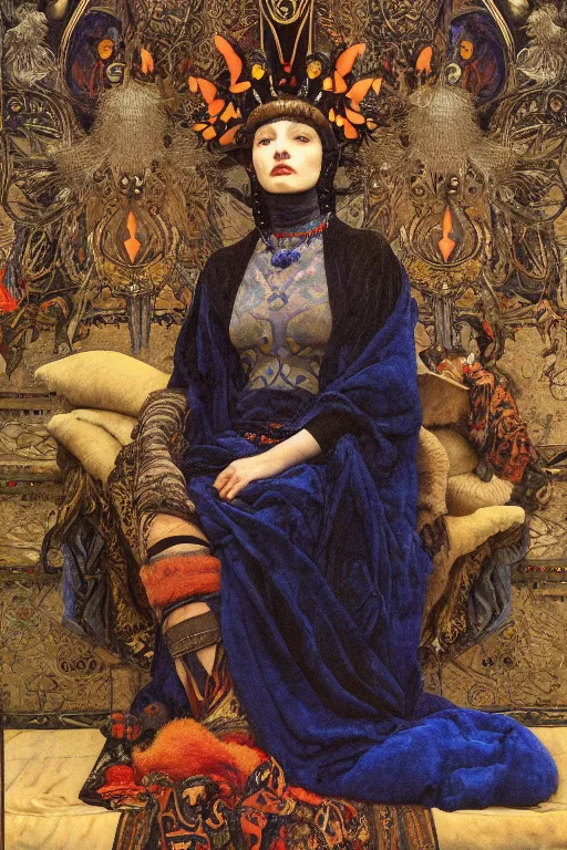 Prompt: portrait of the queen of crows, by Donato Giancola and John Bauer and John William Godward and Vermeer, embroidered velvet, iridescent beetles, rich color, ornate headdress, flowing robes, lost runes, ancient civilizations,featured on Artstation, cgisociety, unreal engine, extremely detailed