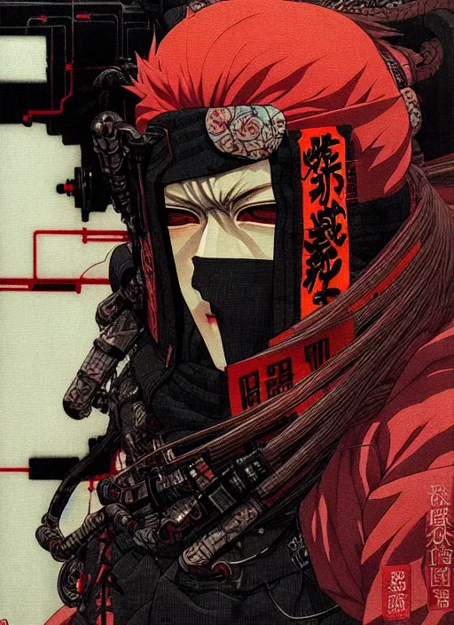 Image similar to a beautiful ukiyo painting of cyberpunk ninja, wearing cyberpunk streetwear, detailed close up portrait, concept art, by takato yamamoto, wlop, krenz cushart. cinematic dramatic atmosphere, sharp focus