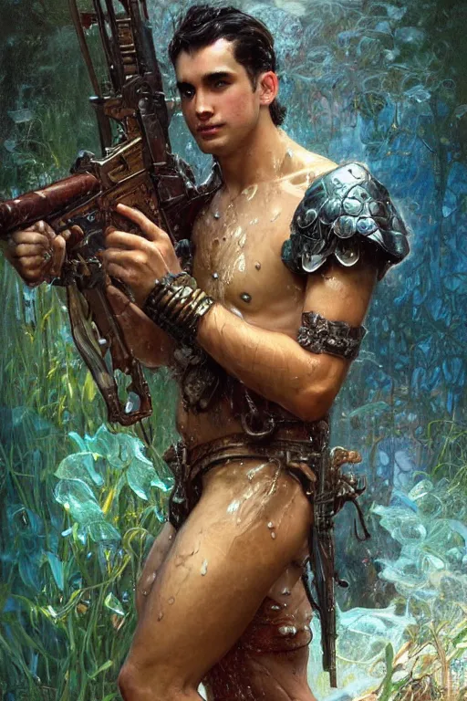 Image similar to portrait of a beautiful man wearing a warrior armor, holding a retro futuristic rifle, drenched body, wet dripping hair, emerging from the water, fantasy, regal, fractal crystal, fractal gems, by stanley artgerm lau, thomas kindkade, alphonse mucha, loish, norman rockwell