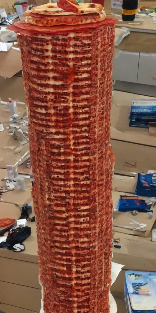 Prompt: hyper detailed skyscraper made out of pepperoni pizza