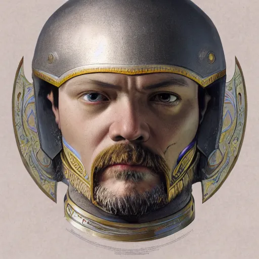 Image similar to masterpiece head - on symmetrical centered painted portrait, lenin as a holy warrior, holy light halo, glorious, wearing full metal armour, elegant, distant, in the style of ruan jia and artgerm and edgar maxence and ross tran and michael whelan and mucha, 8 k, octane render