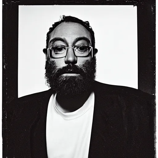 Image similar to Singing Thoooom Yooooorke, with a beard and a black jacket, a portrait by John E. Berninger, dribble, neo-expressionism, uhd image, studio portrait, 1990s