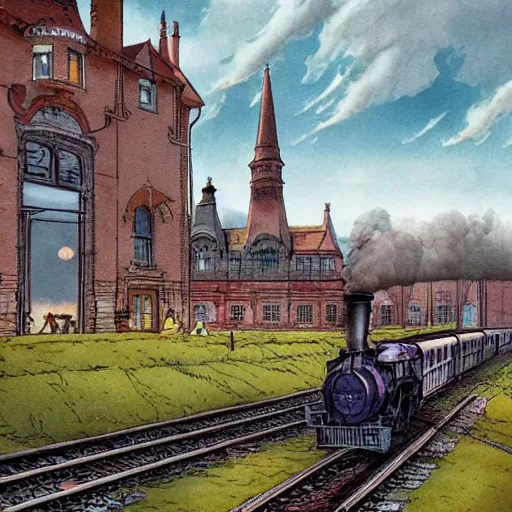 Prompt: a mother is waving her children off as a steam departs from an 18th centaury train station in England. Bright colours, illustrated in the style of François Schuiten, highly detailed, matte painting, illustration, concept art, cinematography