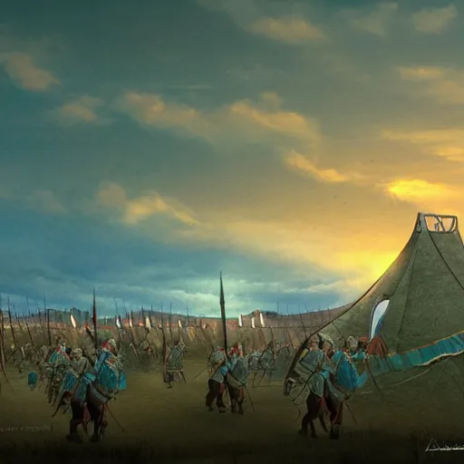 Image similar to Medieval Mongolian army camp at dawn before battle As featured on Artstation By Randy Vargas
