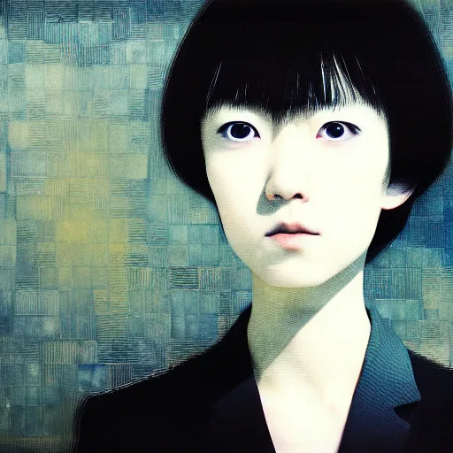 Image similar to yoshitaka amano blurred and dreamy realistic three quarter angle portrait of a young woman with short hair and black eyes wearing office suit with tie, junji ito abstract patterns in the background, satoshi kon anime, noisy film grain effect, highly detailed, renaissance oil painting, weird portrait angle, blurred lost edges