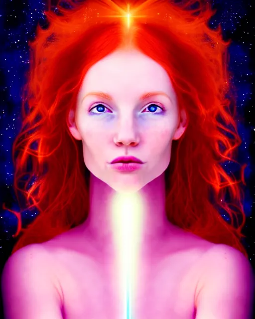 Image similar to space astral portrait of a beautiful girl, red hair, ginger hair, fantasy, glowing skin, smooth face, perfect eyes, half body shot, tarot card