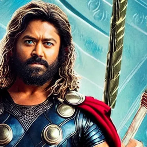 Image similar to film still of rocking star yash as thor in thor ragnarok