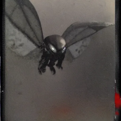 Image similar to Polaroid photo of Mothman flying, detailed, with red eyes, dark, brooding, scary