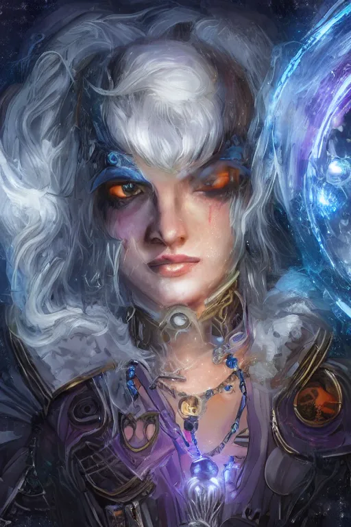 Image similar to Path of Exile, Maven, clear face, blue eyes, female image with silver purple hair among colourful lights, dark blue spheres fly around, Anachronism, painting, dark fantasy, steampunk, 4k, perfect quality,