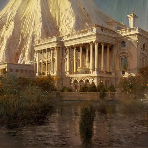 Image similar to detailed cinematic wide shot of the futuristic diselpunk rendition of the white house that has existed millions of years into the future where humans evolved to be solarpunk, ultra realistic, spring light, painting by gaston bussiere, craig mullins, j. c. leyendecker