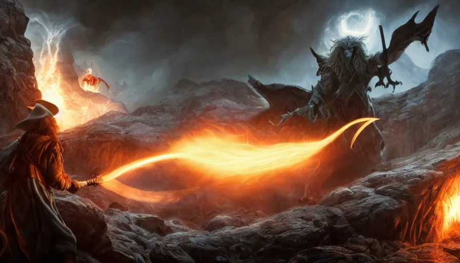 Image similar to Gandalf fighting the Balrog in epic battle on the bridge of Khazad-dûm in Moria, cinematic, filmic, artstation, atmospheric, award-winning