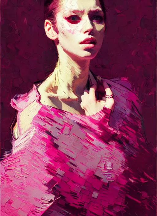 Image similar to portrait of a beautiful girl, haute couture, eyes closed, open mouth, shades of pink, beautiful face, rule of thirds, intricate outfit, spotlight, by greg rutkowski, by jeremy mann, by francoise nielly, by van gogh, digital painting