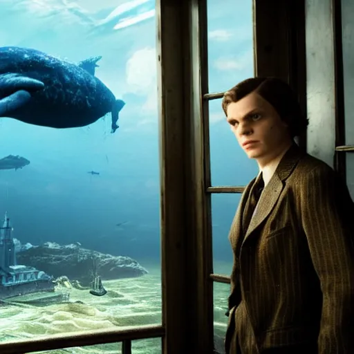 Prompt: a highly detailed cinematic photo from a live - action bioshock movie. andrew ryan, portrayed by evan peters, is shown standing in a 1 9 3 0's office with a large desk in front of an immense floor - to - ceiling window looking out into the underwater city of rapture. sea life including a blue whale is shown outside of the window