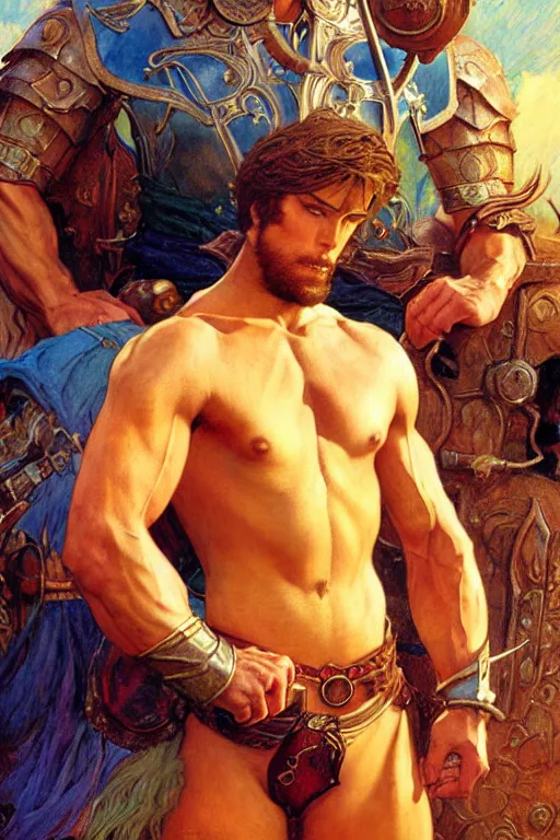 Image similar to tales of earthsea, attractive muscular male with armor, character design, painting by gaston bussiere, craig mullins, j. c. leyendecker, tom of finland