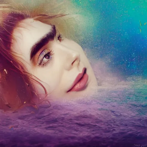 Image similar to portrait of a beautiful blonde queen girl lily collins, floating under the deep dream water, beautiful smooth soft light + white petal, by personal photography, art by brookskim, closeup, 4 k, highly detailed, instagram,