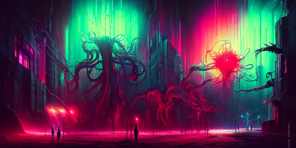 Image similar to cyberpunk witches battling cthulu lovecraftian aliens, neon colors, concept art by zdzislaw beksinski, cinematic, key art, high quality, hyper realism, high detail, octane render