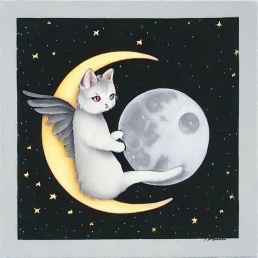 Image similar to 'a cat with two wings flying the sky with the moon