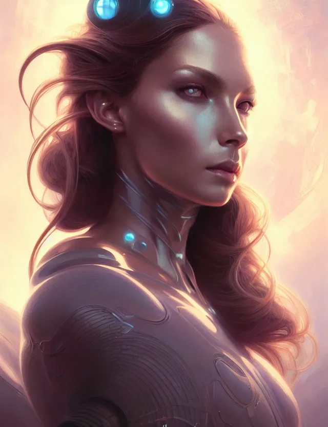 Image similar to futuristic woman portrait, sci-fi, amber eyes, face, long hair, fantasy, intricate, elegant, highly detailed, digital painting, artstation, concept art, smooth, sharp focus, illustration, art by artgerm and greg rutkowski and alphonse mucha