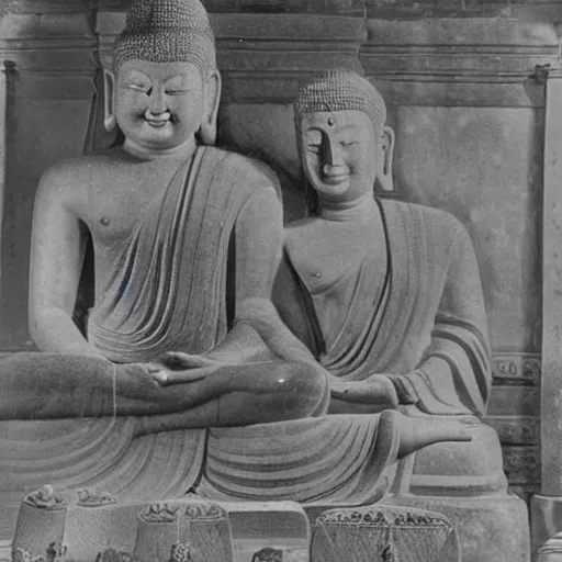 Image similar to Recovered photograph of smiling Gautama Buddha and his wife in 563 BCE. The British Museum Images Photography Collection. Sepia.