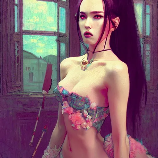 Prompt: feminine nicolas cage in seductive clothing by ross tran, walking in a castle painted by sana takeda, rtx reflections, very high intricate details, painting by van gogh, digital anime art, medium shot, mid - shot, composition by ilya kuvshinov, lighting by greg rutkowski
