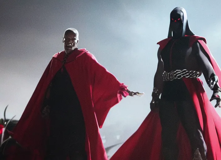 Image similar to film still of jamie foxx as spawn in the new spawn movie, giant chains, large cape, 8 k