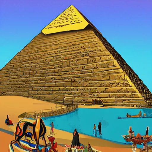 Prompt: a theme park in old egypt, sphynx and pyramids visible, illustration, digital art by laura price
